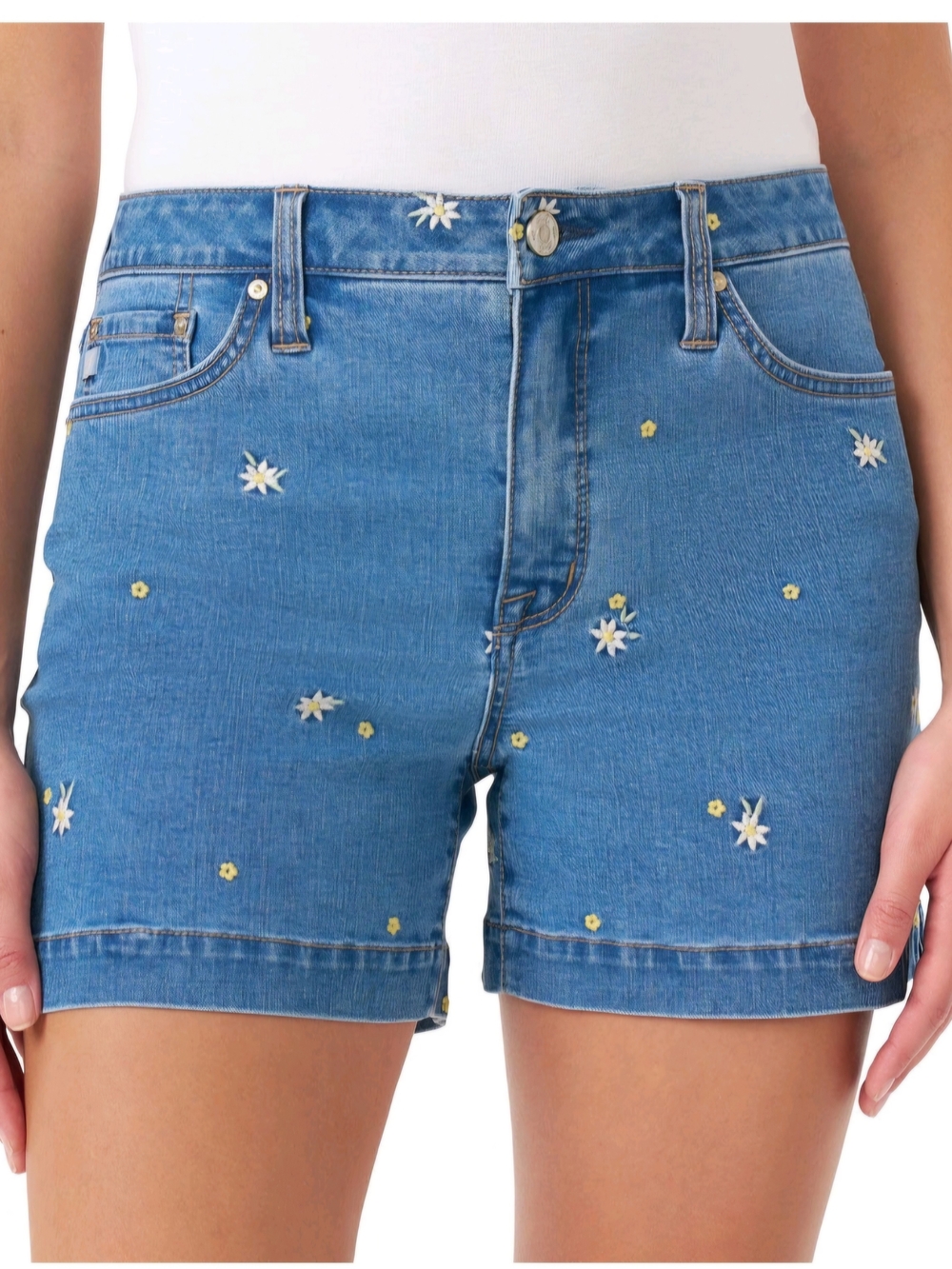 NWT Seven7 High Rise Blue Denim Daisy Embroidered Weekend Shorts
